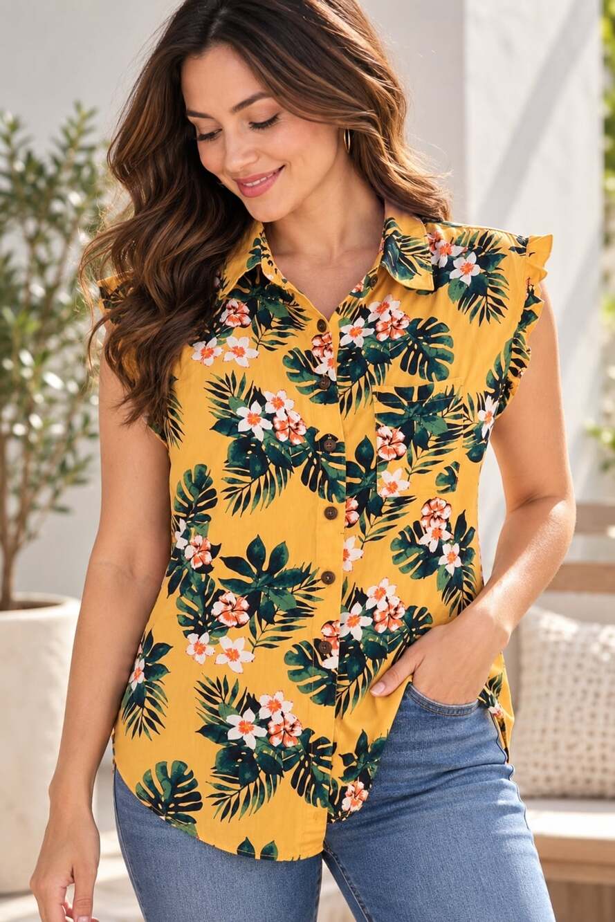LT23 XS No Boundaries Tropical Floral Button Front Blouse